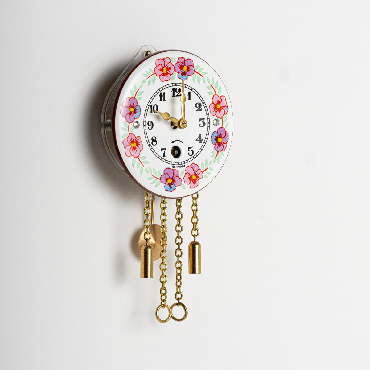 Wanduhr "Stiefmütterchen",  rund Ø 64mm, Emailleschild, Eintagewerk