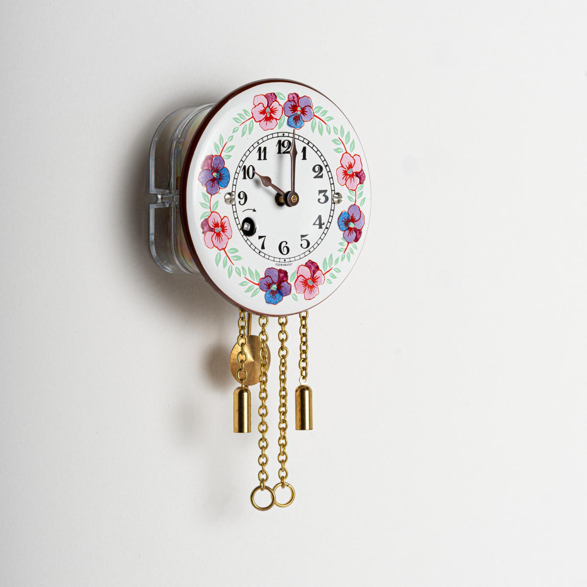 Wanduhr "Stiefmütterchen",  rund Ø 75mm, Emailleschild, Siebentagewerk