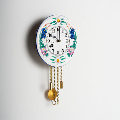 Wanduhr "Alpenblumen",  rund Ø 100mm, Emailleschild, Siebentagewerk