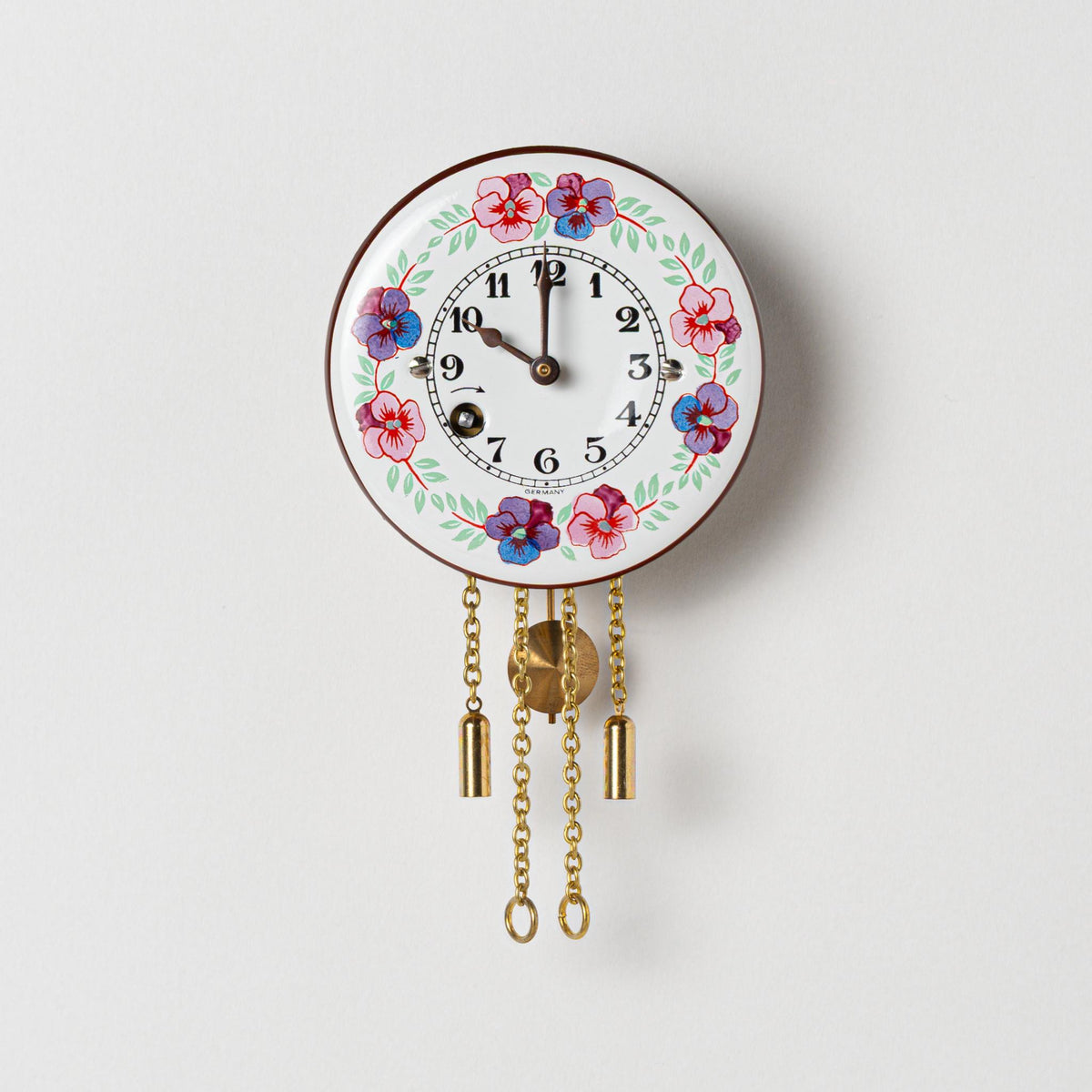 Wanduhr "Stiefmütterchen",  rund Ø 75mm, Emailleschild, Siebentagewerk