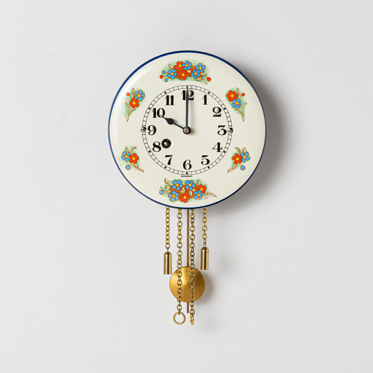 Wanduhr "Vergissmeinnicht",  rund Ø 100mm, Emailleschild, Siebentagewerk