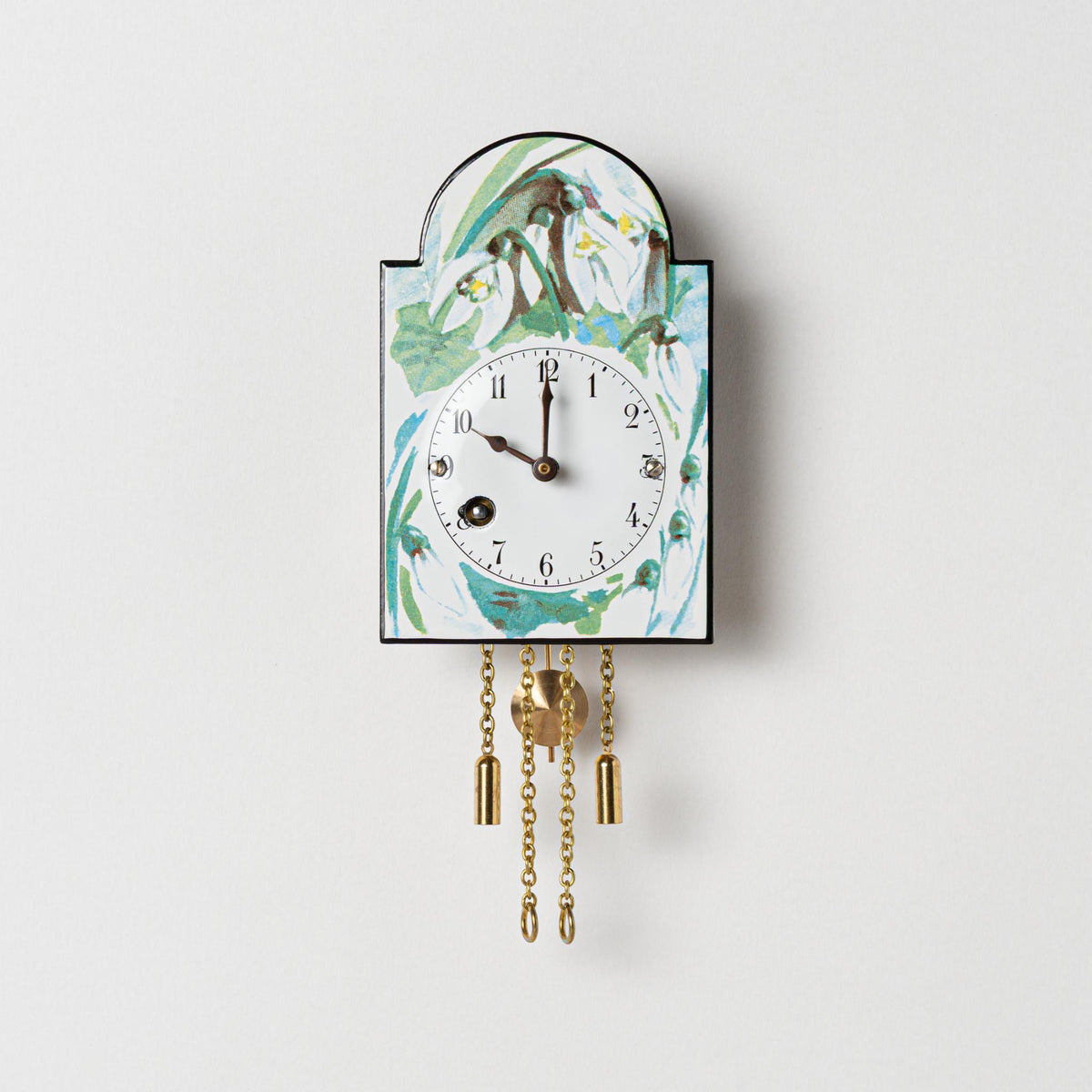 Wanduhr "Schneeglöckchen", Bogenschild aus Emaille, Maße: 100 x 65 mm, Siebentagewerk