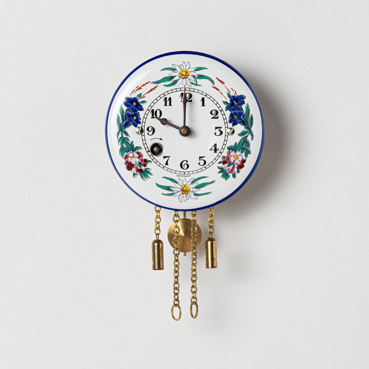 Wanduhr "Alpenblumen",  rund Ø 75mm, Emailleschild, Siebentagewerk