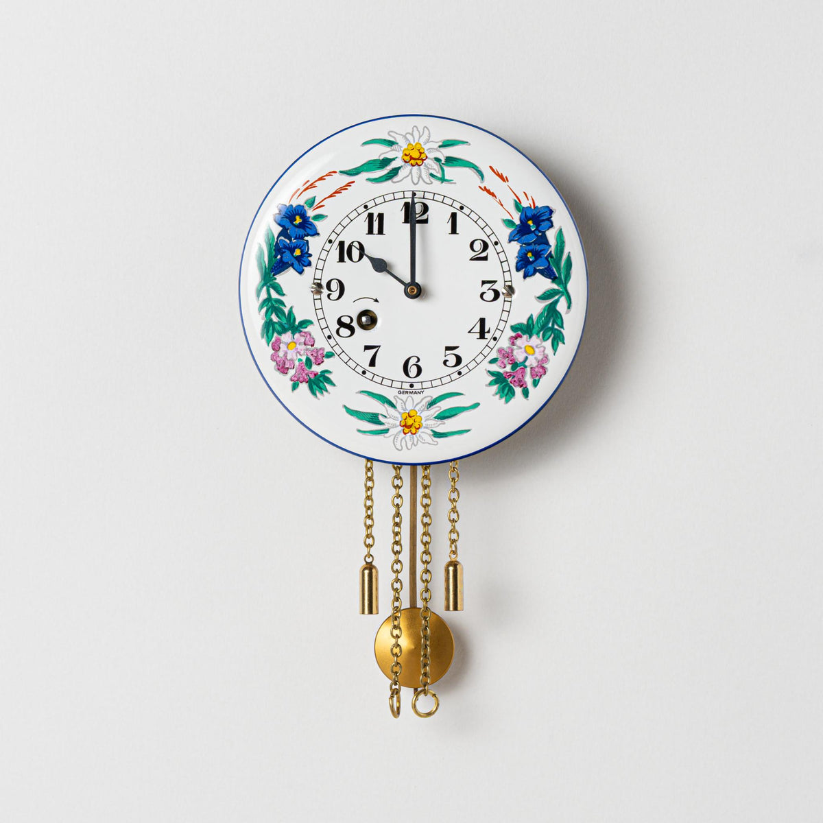 Wanduhr "Alpenblumen",  rund Ø 100mm, Emailleschild, Siebentagewerk