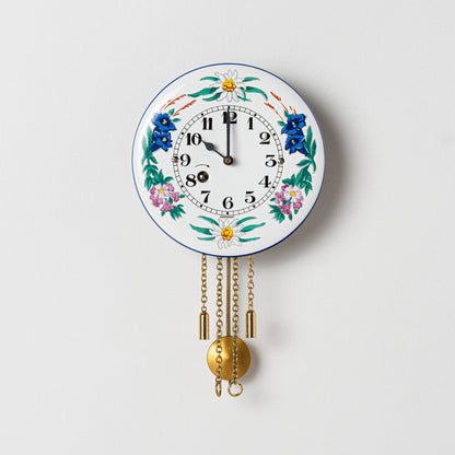 Wanduhr "Alpenblumen",  rund Ø 100mm, Emailleschild, Siebentagewerk