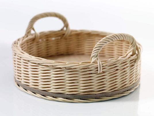 Rundes Tablett, Peddig, Holzboden, zwei Tragegriffe, Ø ca. 30 cm