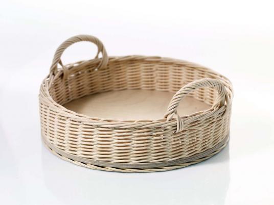 Rundes Tablett, Peddig, Holzboden, zwei Tragegriffe, Ø ca. 36 cm