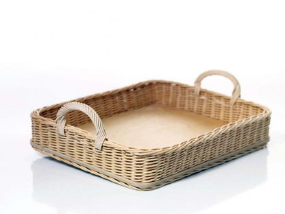 Rechteckiges Tablett, Peddig, Holzboden, zwei Tragegriffe, ca. 48 x 38 cm