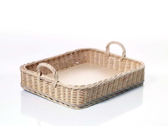 Rechteckiges Tablett, Peddig, Holzboden, zwei Tragegriffe, ca. 42 x 32 cm