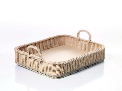 Rechteckiges Tablett, Peddig, Holzboden, zwei Tragegriffe, ca. 42 x 32 cm
