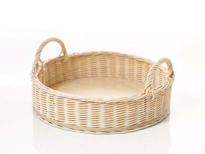 Rundes Tablett, Peddig, Holzboden, zwei Tragegriffe, Ø ca. 40 cm