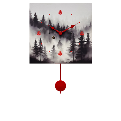 Wanduhr "Nebelwald - rote Punkte", quadratisch, Holzschild, Siebentagewerk