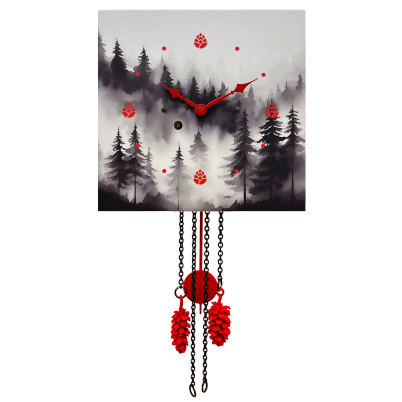Wanduhr "Nebelwald - rote Punkte", quadratisch, Holzschild, Siebentagewerk