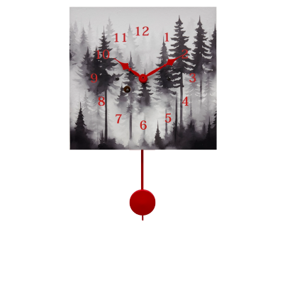 Wanduhr "Nebelwald - rote Ziffern", quadratisch, Holzschild, Siebentagewerk