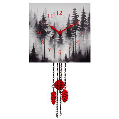 Wanduhr "Nebelwald - rote Ziffern", quadratisch, Holzschild, Siebentagewerk