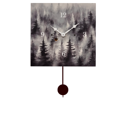 Wanduhr "Nebelwald - schwarzweiß", quadratisch, Holzschild, Siebentagewerk