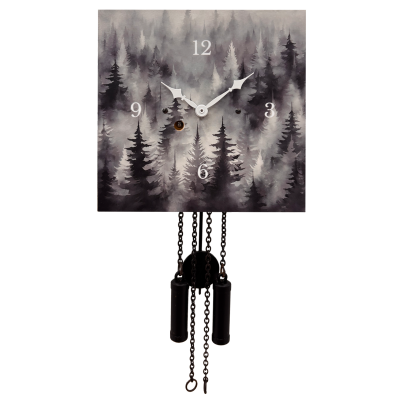 Wanduhr "Nebelwald - schwarzweiß", quadratisch, Holzschild, Siebentagewerk